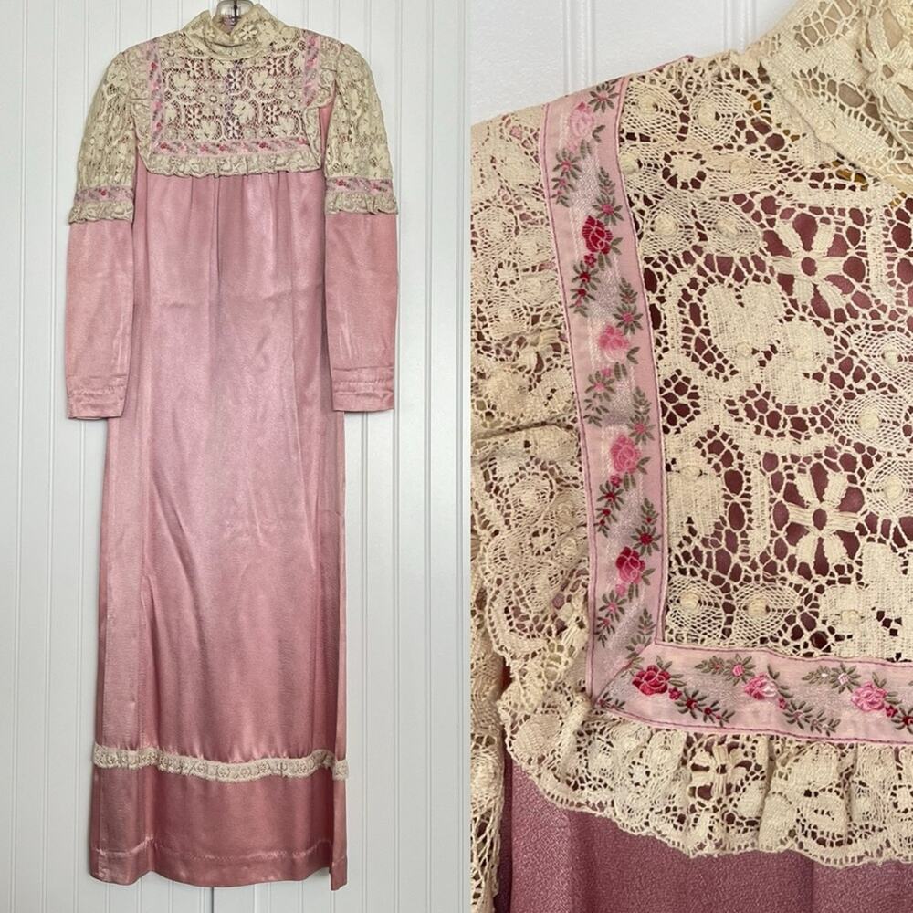 Vintage 70s Pink Satin Prairie Dress Crochet Lace Ruffle Flower Ribbon High Neck